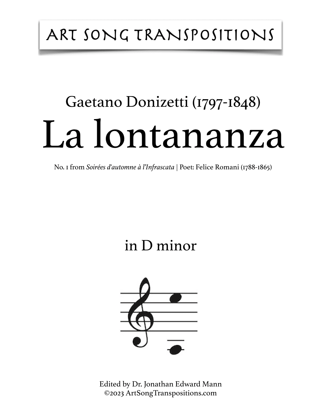 DONIZETTI: La lontananza (transposed to D minor) (arr. ArtSongTranspositions.com)