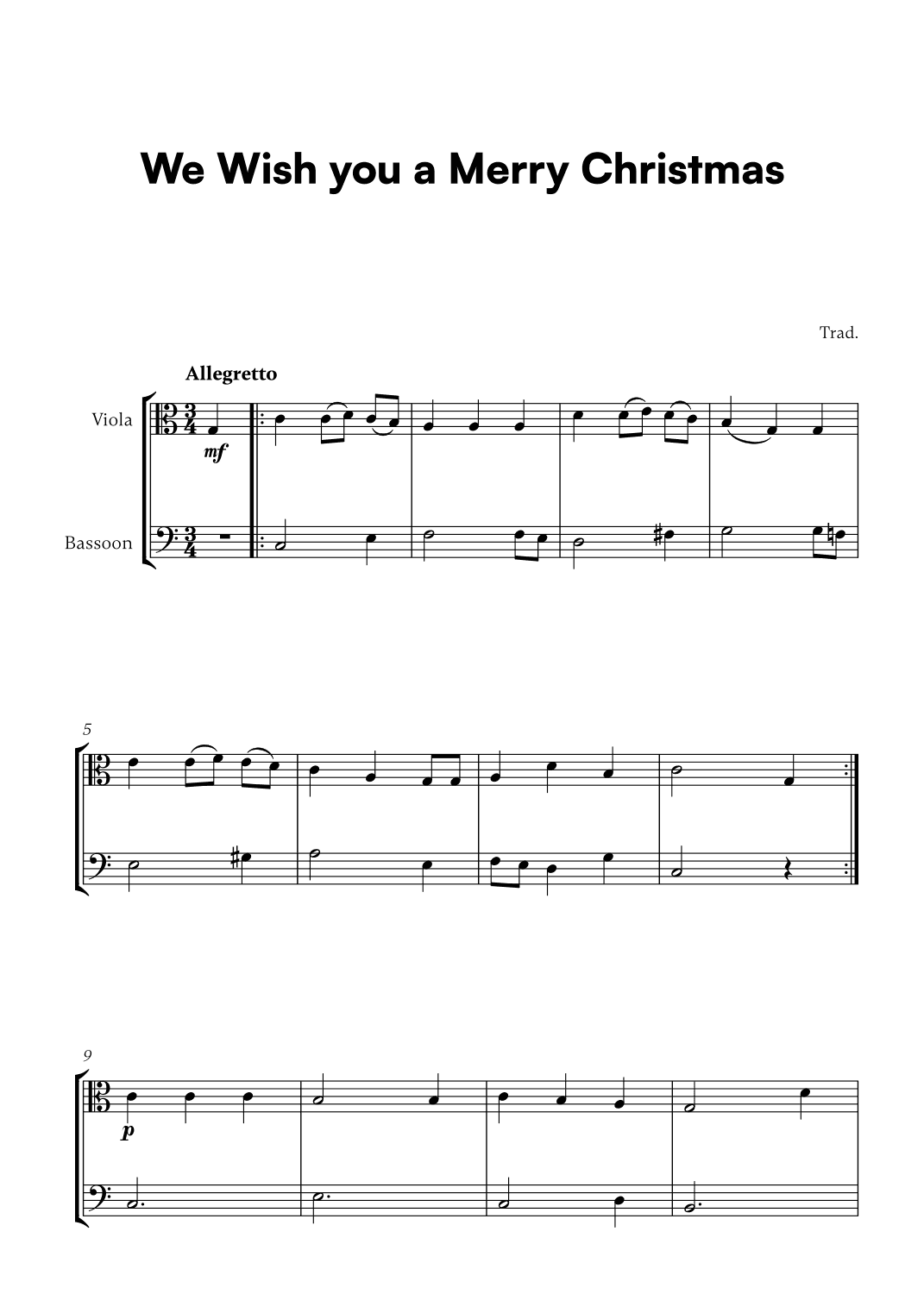 Trad. - We Wish you a Merry Christmas (for Viola and Bassoon) (arr. Cadenza Editions)