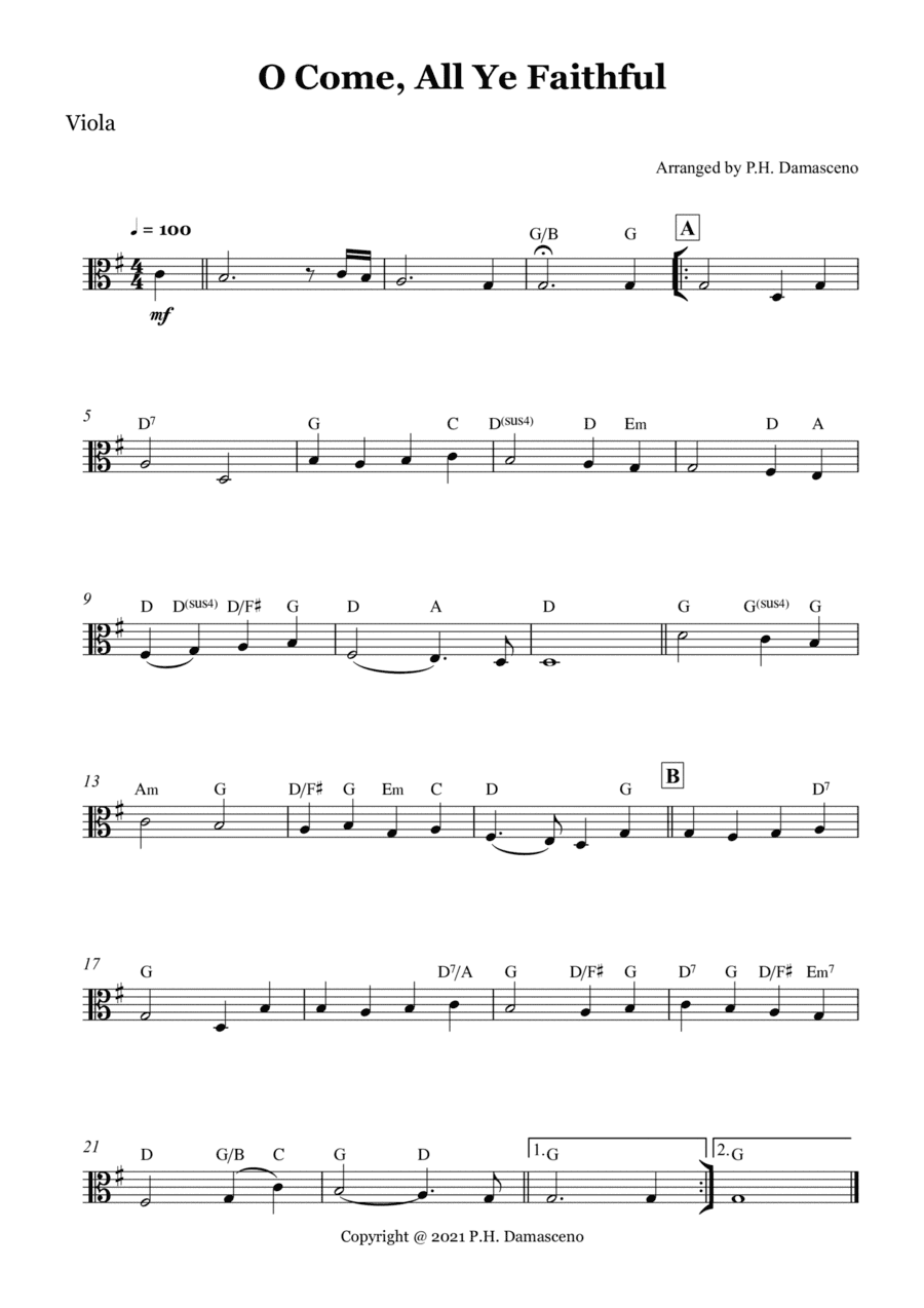 O Come, All Ye Faithful - Viola Solo with Chords (arr. P.H. Damasceno)