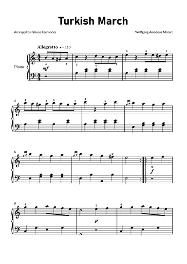 Turkish March by Mozart - Easy Piano (arr. Glauco Fernandes)