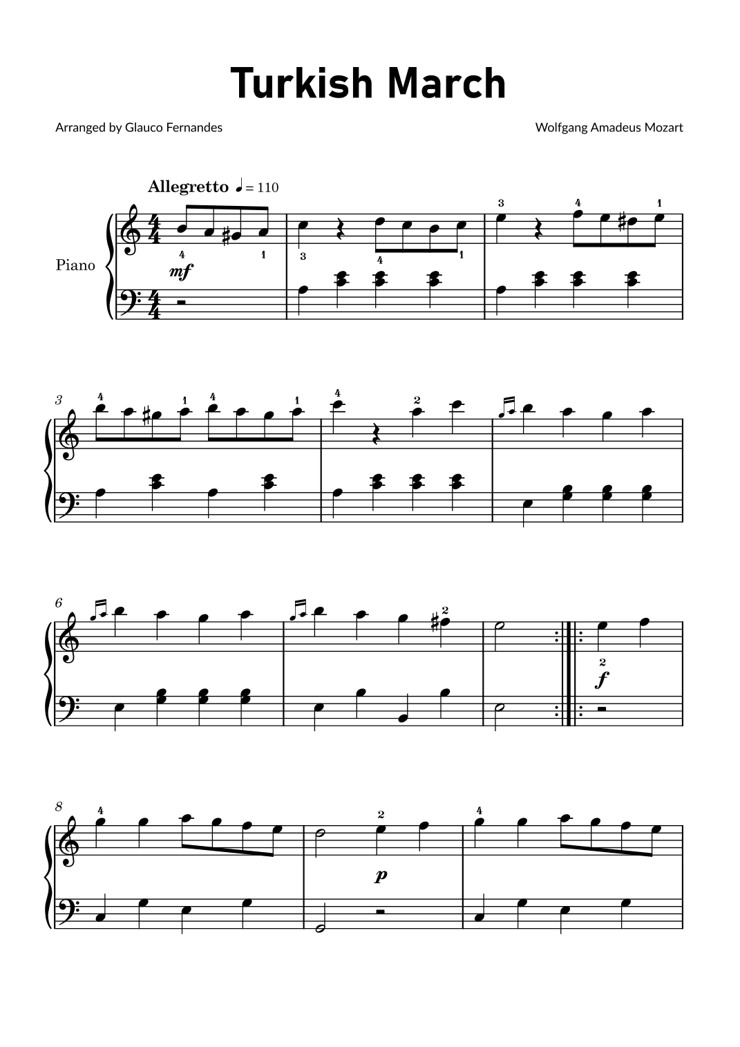 Turkish March by Mozart - Easy Piano (arr. Glauco Fernandes)