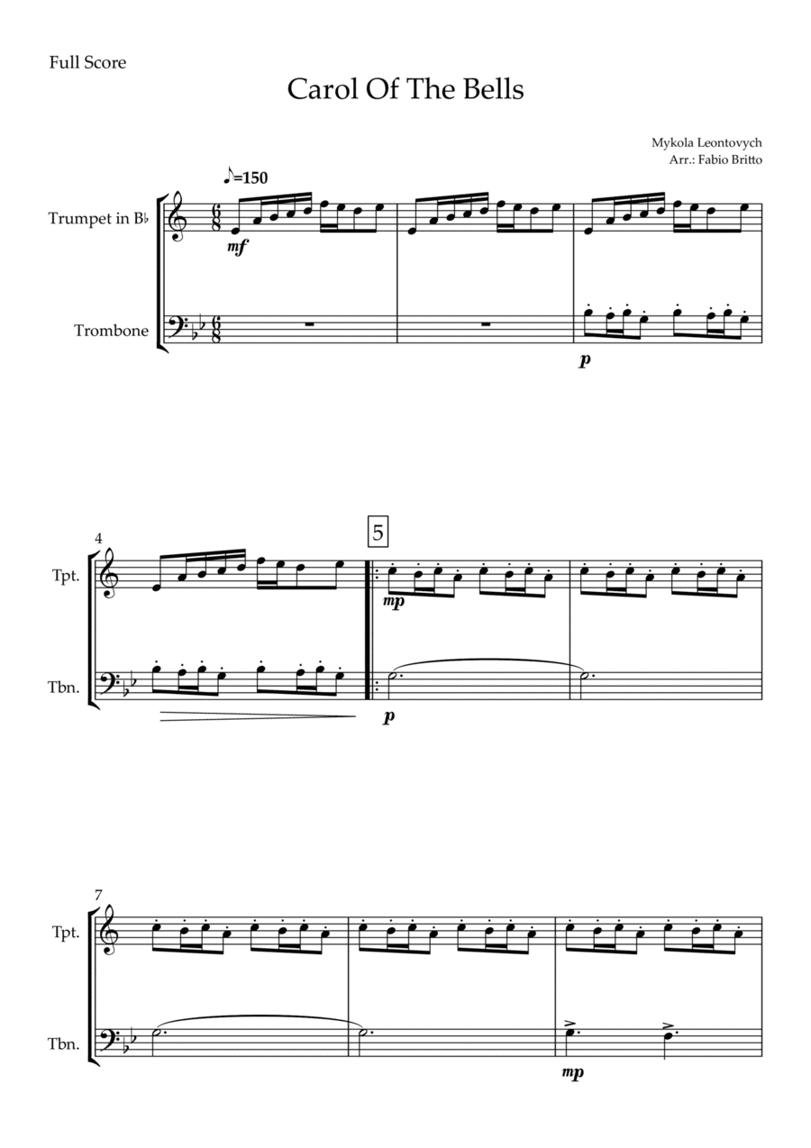 Carol Of The Bells (Mykola Leontovych) for Trumpet in Bb & Trombone Duo (arr. Fabio Britto)