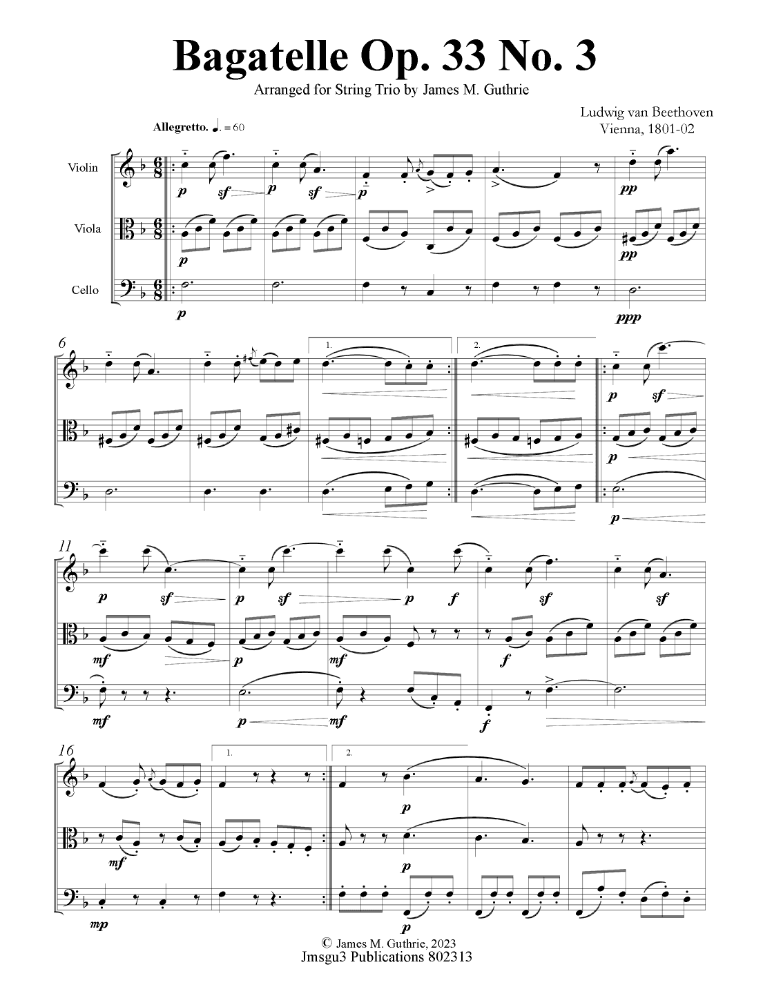 Beethoven: Bagatelle Op. 33 No. 3 for String Trio (arr. James M. Guthrie, ASCAP)