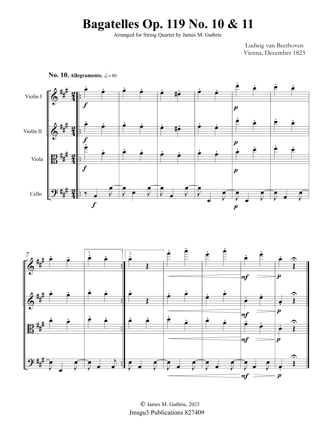Beethoven: Bagatelles Op. 119 No. 10 & 11 for String Quartet (arr. James M. Guthrie, ASCAP)