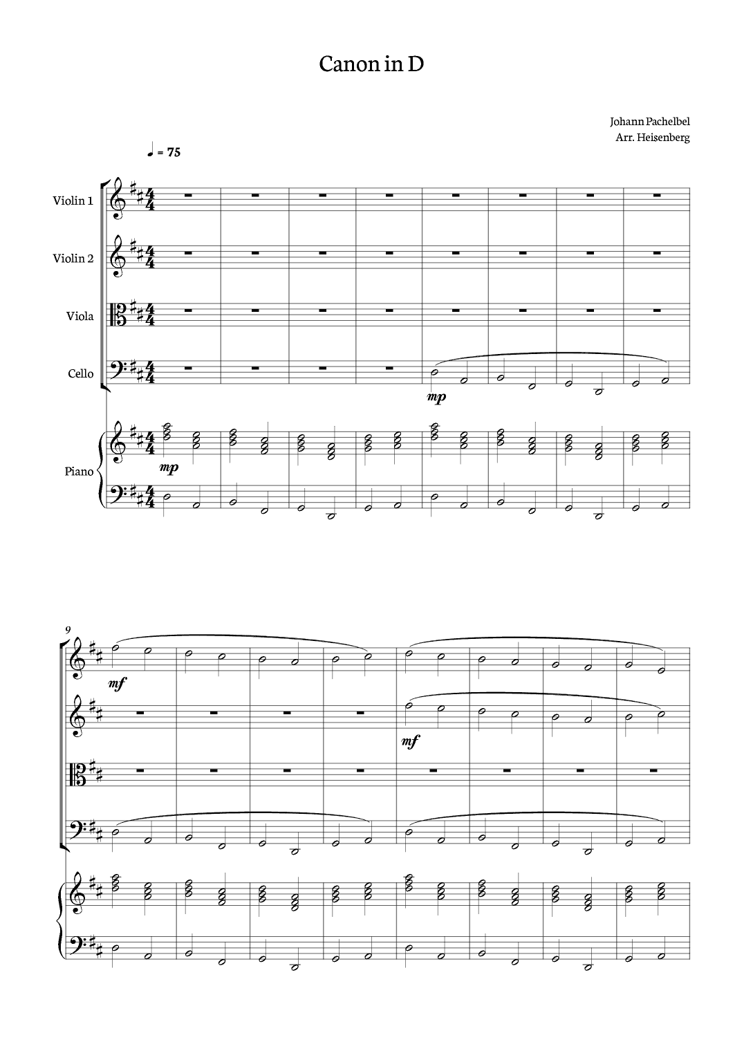 Canon in D - Johann Pachelbel for String Quartet with piano. (arr. Heisenberg)