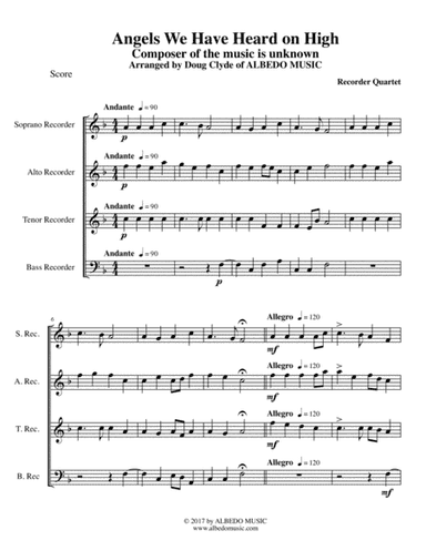 Angels We Have Heard on High for Recorder Quartet (arr. Doug Clyde)
