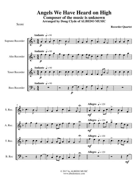 Angels We Have Heard on High for Recorder Quartet (arr. Doug Clyde)