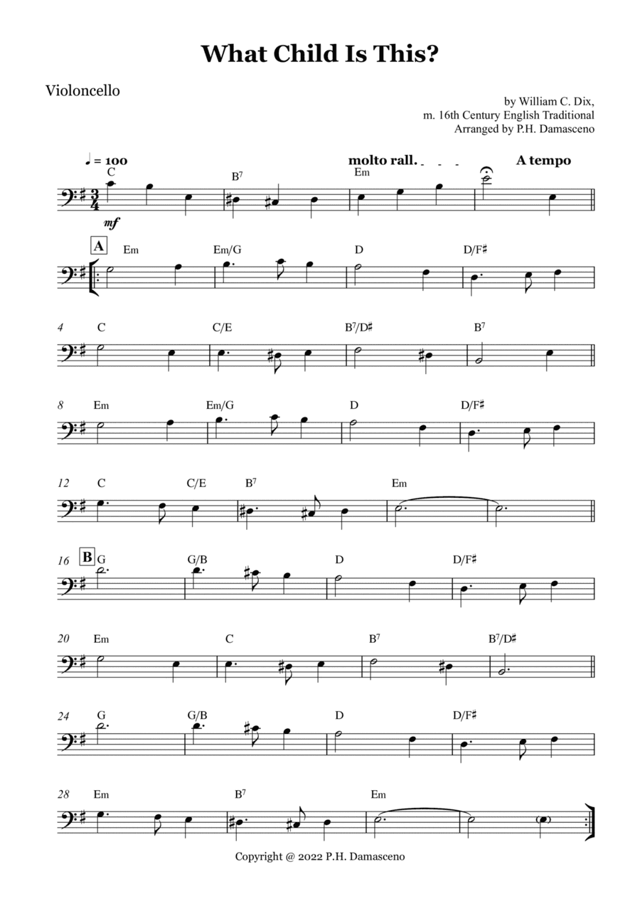 What Child Is This? - Cello Solo with Chords (arr. P.H. Damasceno)