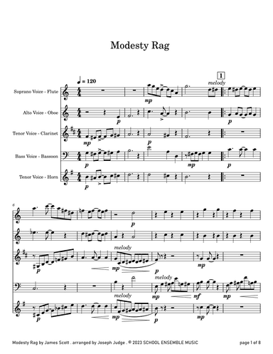 Modesty Rag by James Scott for Woodwind Quartet in Schools (arr. Joseph Judge)