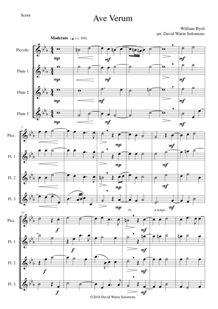 Ave Verum for piccolo and 3 flutes (arr. David Warin Solomons)