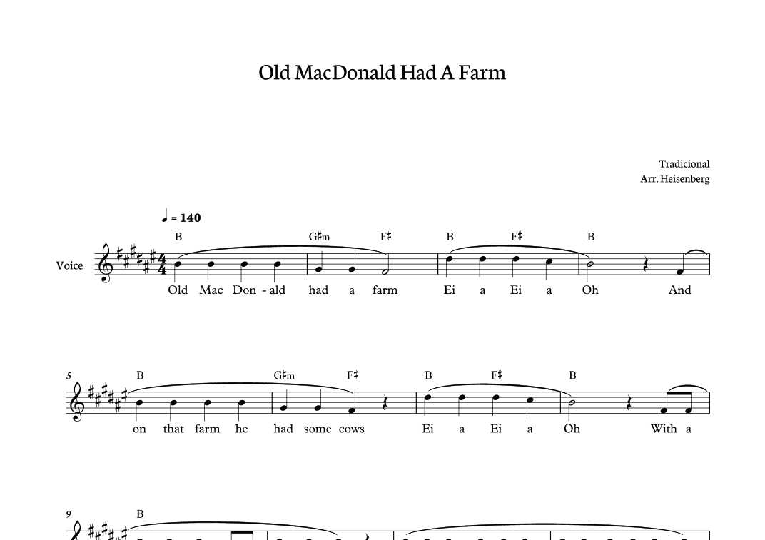 Old MacDonald Had a Farm for voice in F# major (arr. Heisenberg)