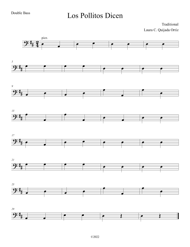 Los Pollitos Dicen. Open strings and first finger. Score & parts. (arr. Laura C. Quijada Ortíz)