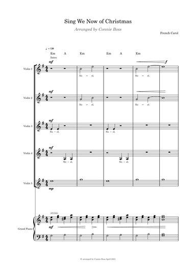 Sing We Now of Christmas - Violin quintet and Piano (arr. Connie Boss)