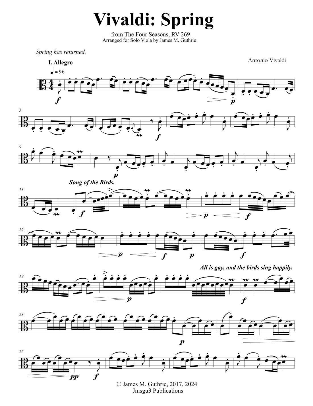 Vivaldi - The Four Seasons: Spring for Solo Viola (arr. James M. Guthrie, ASCAP)