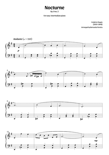 Nocturne Op. 9 no. 2 (easy-intermediate piano in G major – clean sheet music) (arr. Bernardo Pereira)