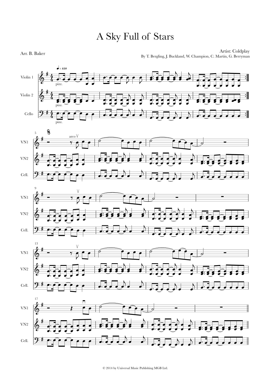 A Sky Full Of Stars (arr. Heart Strings Music by Bernadette Baker)