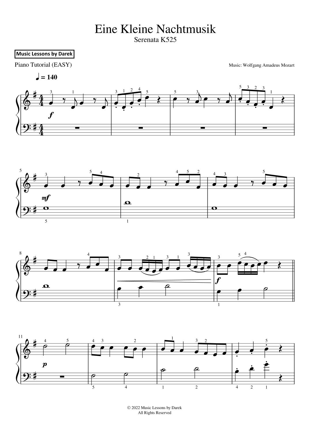 Eine Kleine Nachtmusik (EASY PIANO) Serenata K525 [Wolfgang Amadeus Mozart] (arr. Darek)