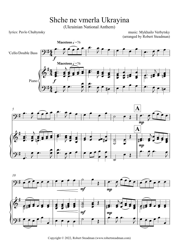 Shche ne vmerla Ukrayina (Ukrainian National Anthem) -  'cello/double bass + piano (Score/part inc) (arr. Robert Steadman)