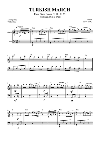 Turkish March - Violin and Cello (with chords) (arr. Valdir Maia)