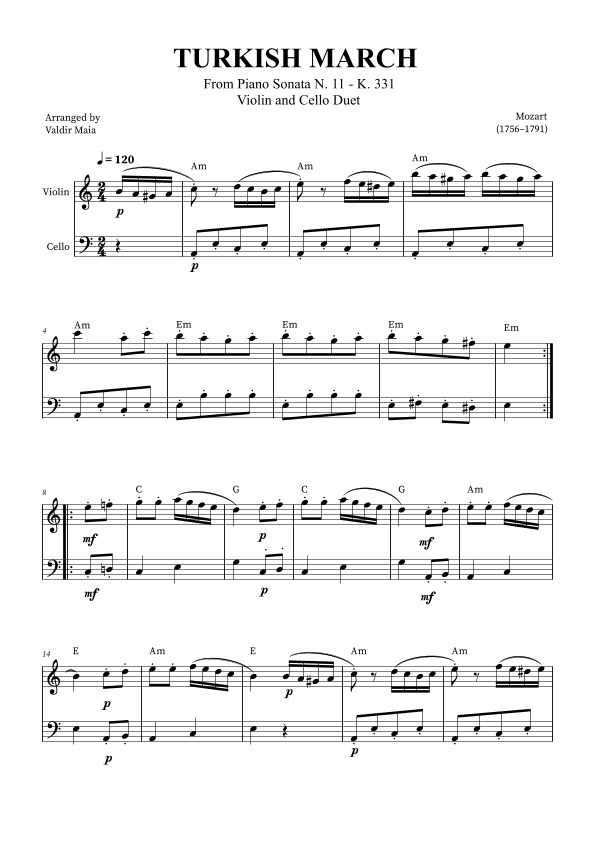 Turkish March - Violin and Cello (with chords) (arr. Valdir Maia)