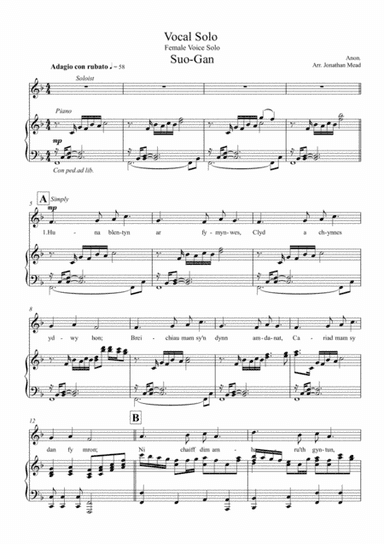 Suo-Gan Female Vocal Solo with Piano. Welsh Traditional Lullaby. (arr. Jonathan Mead)