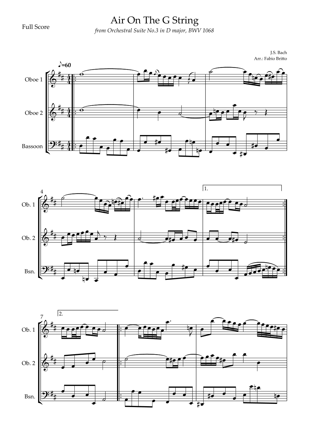 Air On The G String (J.S. Bach) for Woodwind Trio (arr. Fabio Britto)