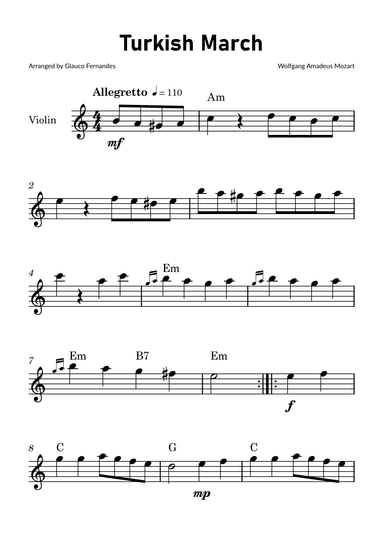 Turkish March by Mozart - Violin Solo with Chord Notations (arr. Glauco Fernandes)