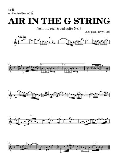 Air on the G string in D, BWV 1068 (accompanied) - for D instruments in treble clef (arr. Leyandder Trustworthy)