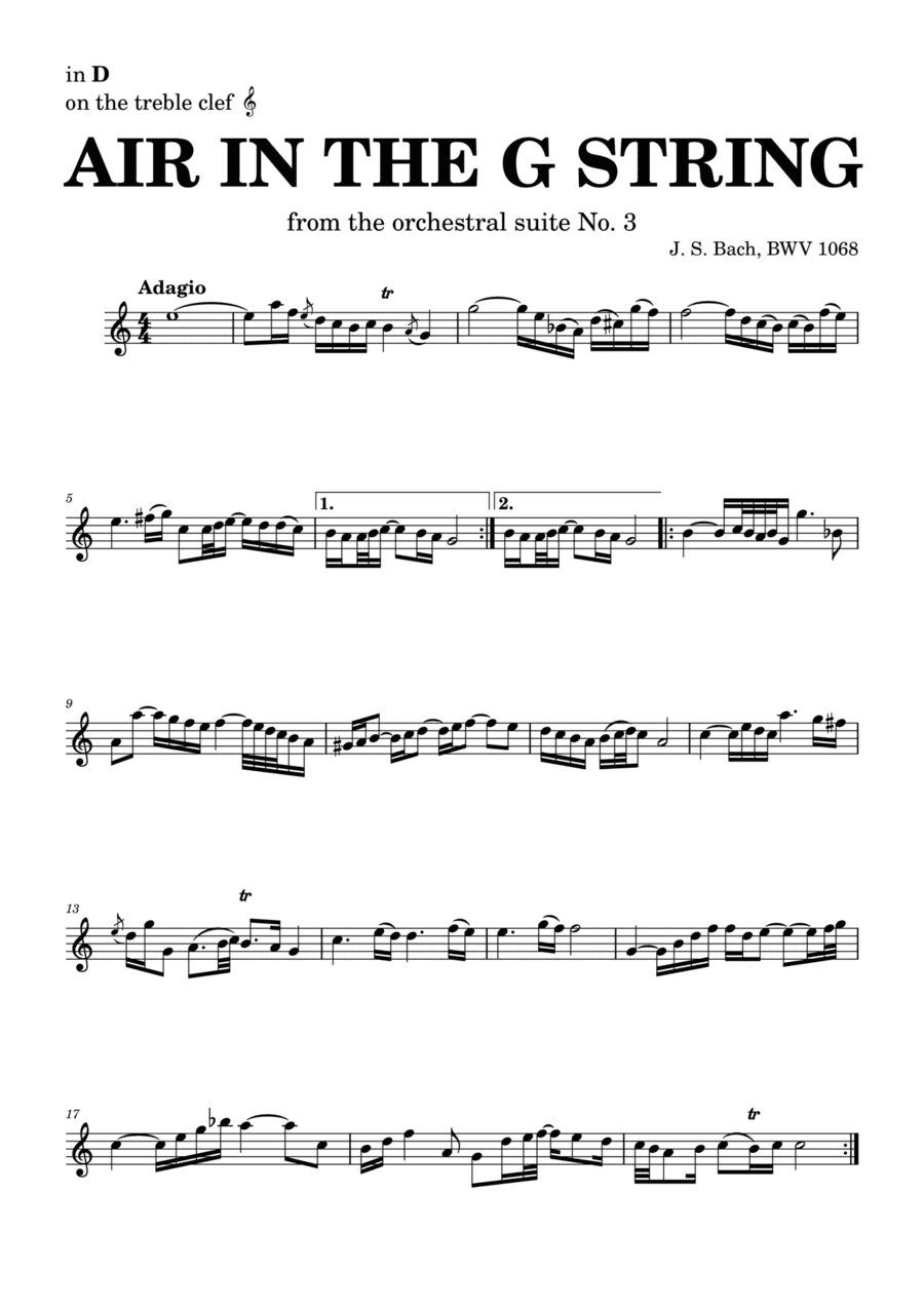Air on the G string in D, BWV 1068 (accompanied) - for D instruments in treble clef (arr. Leyandder Trustworthy)