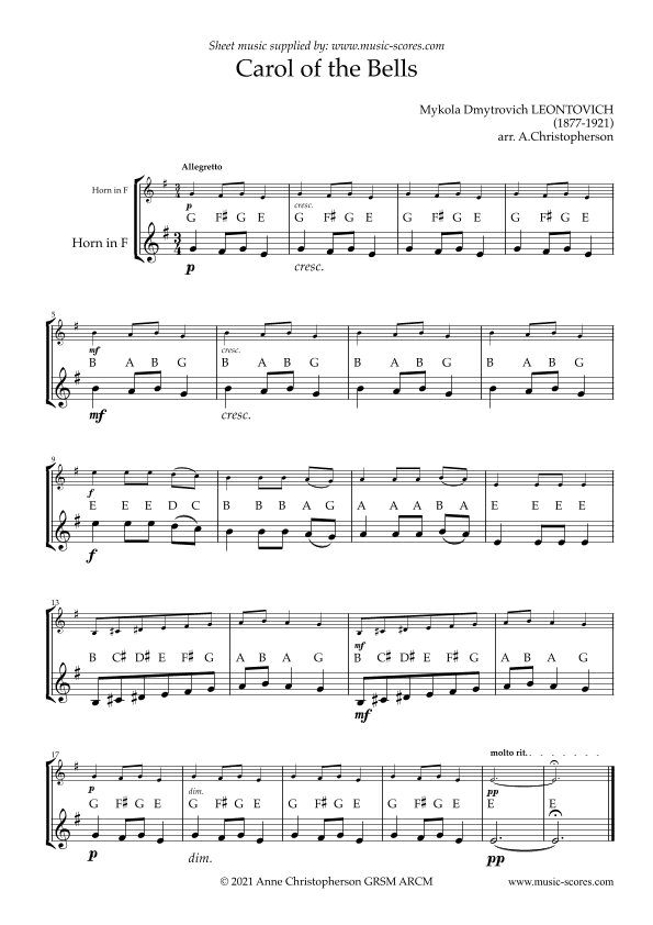 Carol of the Bells - Easy French Horn with note names (arr. Anne L Christopherson GRSM ARCM)