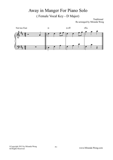 Away in Manger - Piano Solo in D Key (Female Vocal Key) (arr. Miranda Wong)
