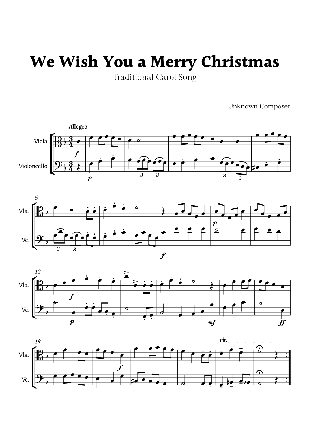 We Wish you a Merry Christmas for Viola and Cello Duet (arr. Rika K.)