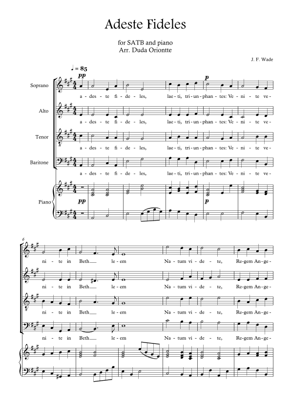 Adeste Fideles (SABT - A major - 4 staffs - with piano - no chords) O Come All Ye Faiful (arr. Duda Oriontte)