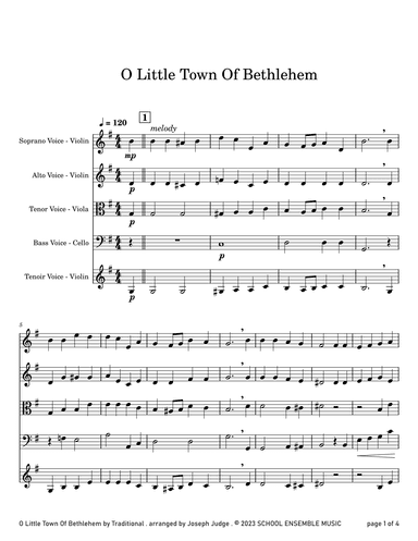 O Little Town Of Bethlehem for String Quartet in School (arr. Joseph Judge)
