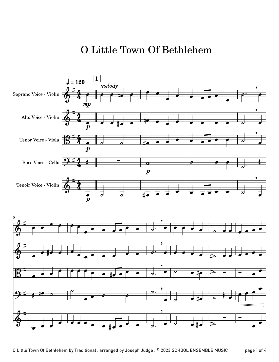 O Little Town Of Bethlehem for String Quartet in School (arr. Joseph Judge)