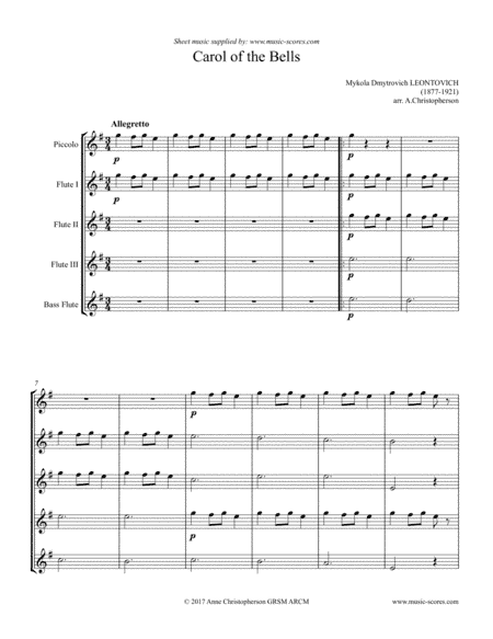 Carol of the Bells - Flute Quintet (arr. Anne L Christopherson GRSM ARCM)