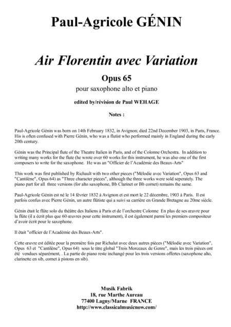 Paul-Agricole GÉNIN: Air Florentin avec Variation Opus 65 for alto saxophone and piano (arr. Paul Wehage)