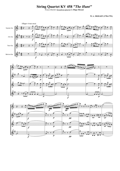 String Quartet KV 458 "The Hunt" for Saxophone Quartet (SATB) (arr. Diego Marani)