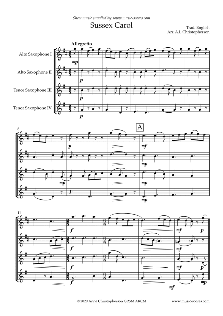 The Sussex Carol - 2 Alto saxes, 2 Tenor saxes (arr. Anne L Christopherson GRSM ARCM)