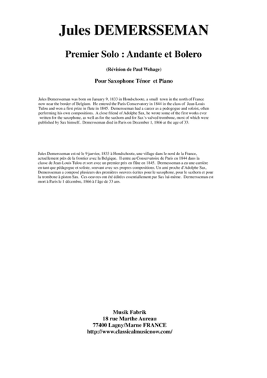 Jules Demersseman : Premier Solo : Andante et Bolero for tenor saxophone and piano (arr. Musik Fabrik Music Publishing)