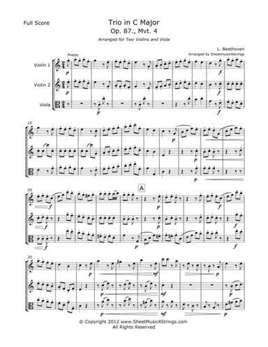 Beethoven, L. - Trio Op. 87 (Mvt. 4) for Two Violins and Viola (arr. Linda M. Scott)