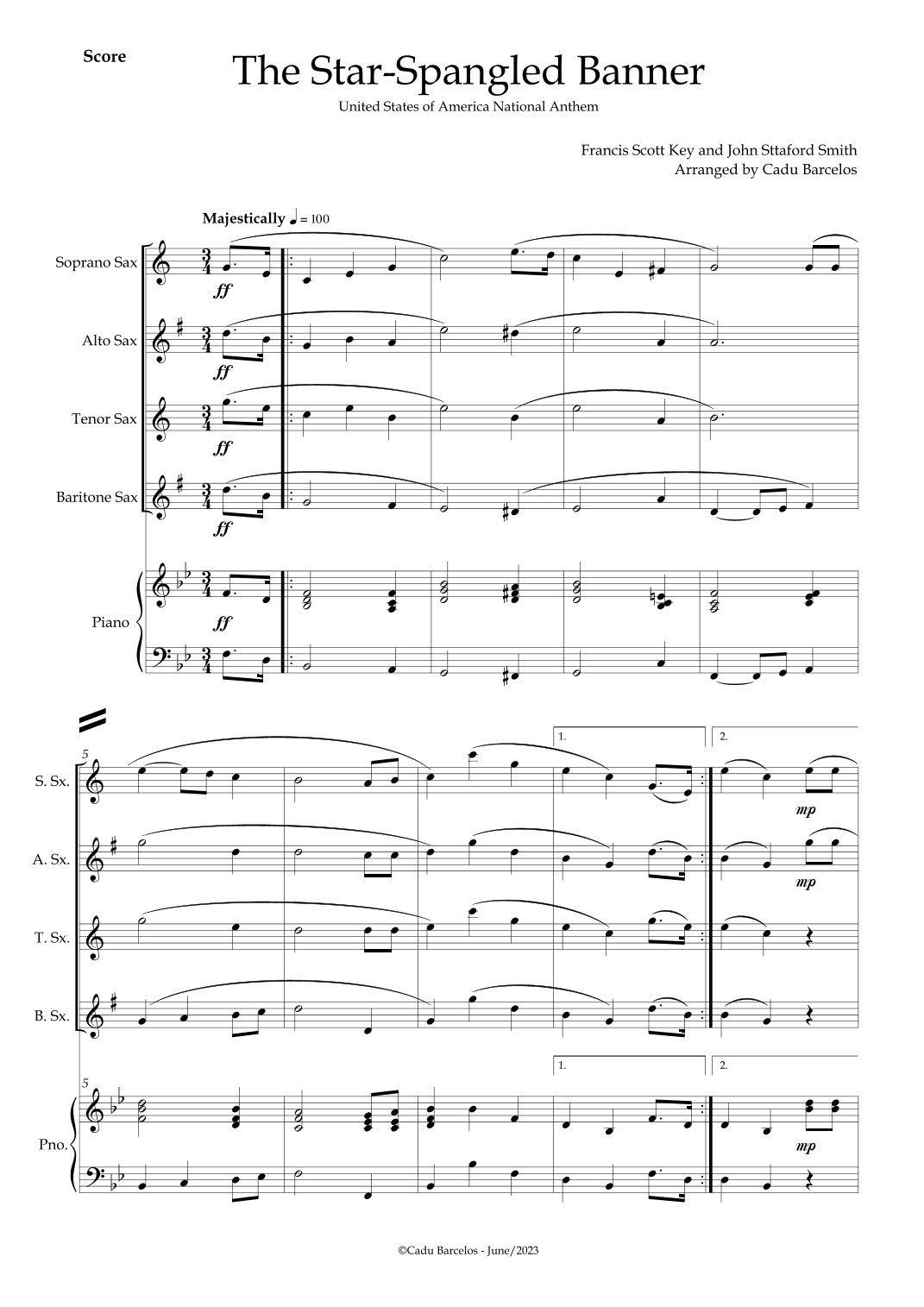 The Star-Spangled Banner - EUA Hymn (Sax Quartet) Piano (arr. Cadu Barcelos)
