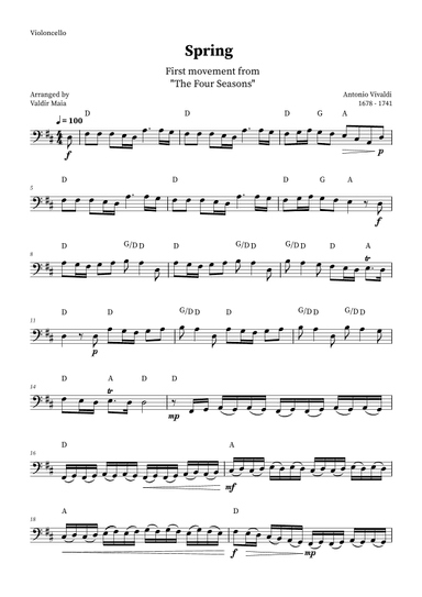 Spring - The Four Seasons for Cello Solo (D Major with chords) (arr. Valdir Maia)