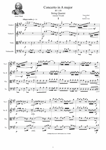Vivaldi - Concerto in A major RV 158 for String Quartet - Complete score and parts (arr. Santino Cara)