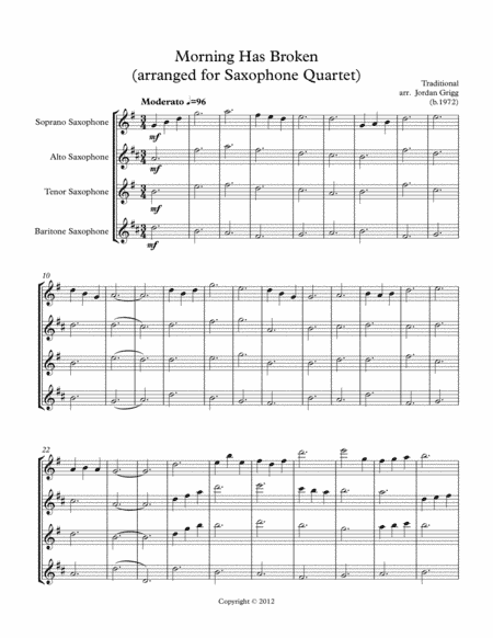 Morning Has Broken (arranged for Saxophone Quartet) (arr. Jordan Grigg)