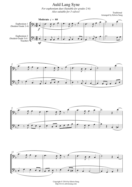 Auld Lang Syne (for euphonium duet (bass clef, 3 or 4 valved), suitable for grades 2-6) (arr. Edwin Sung)