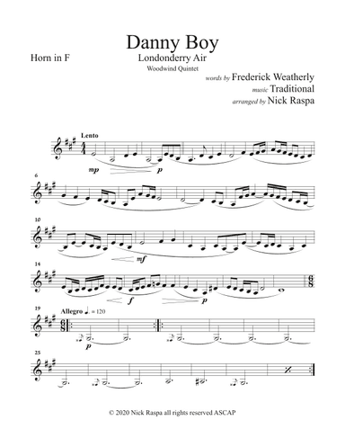 Danny Boy (Londonderry Air) Woodwind Quintet (Fl, Ob, Cl, Hrn, Bsn) - Horn in F part (arr. Nick Raspa)