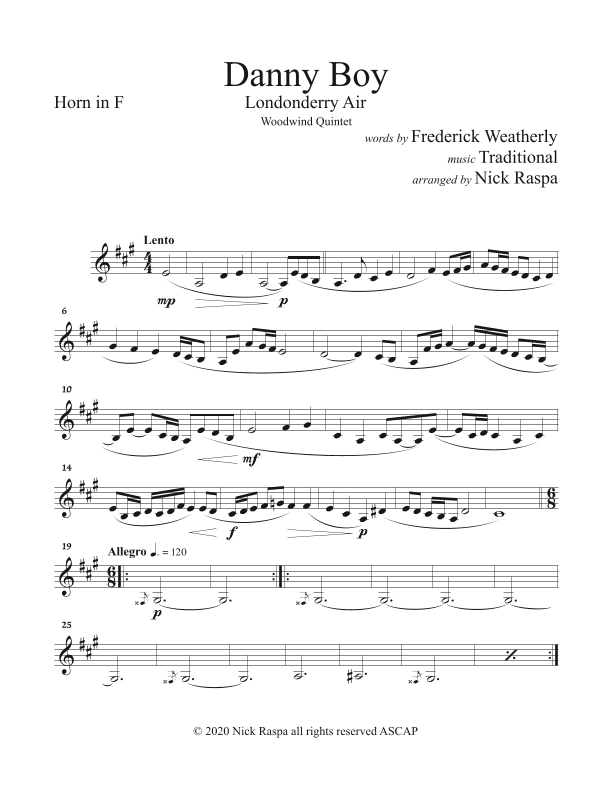 Danny Boy (Londonderry Air) Woodwind Quintet (Fl, Ob, Cl, Hrn, Bsn) - Horn in F part (arr. Nick Raspa)
