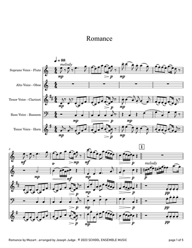 Romance by Mozart for Woodwind Quartet in Schools (arr. Joseph Judge)