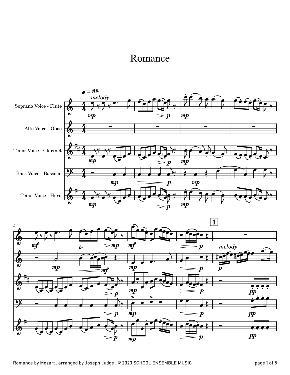 Romance by Mozart for Woodwind Quartet in Schools (arr. Joseph Judge)